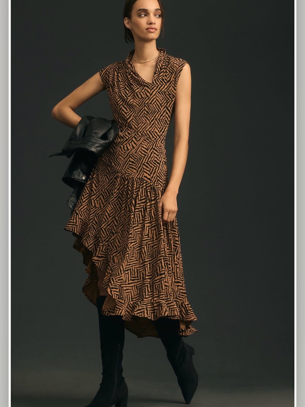By Anthropologie Asymmetrical Knit Slim Midi Dress Abstract Zebra Tan Black L